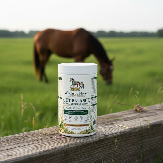 Wholistic Horse Gut Balance supplement tub with grazing horse in background